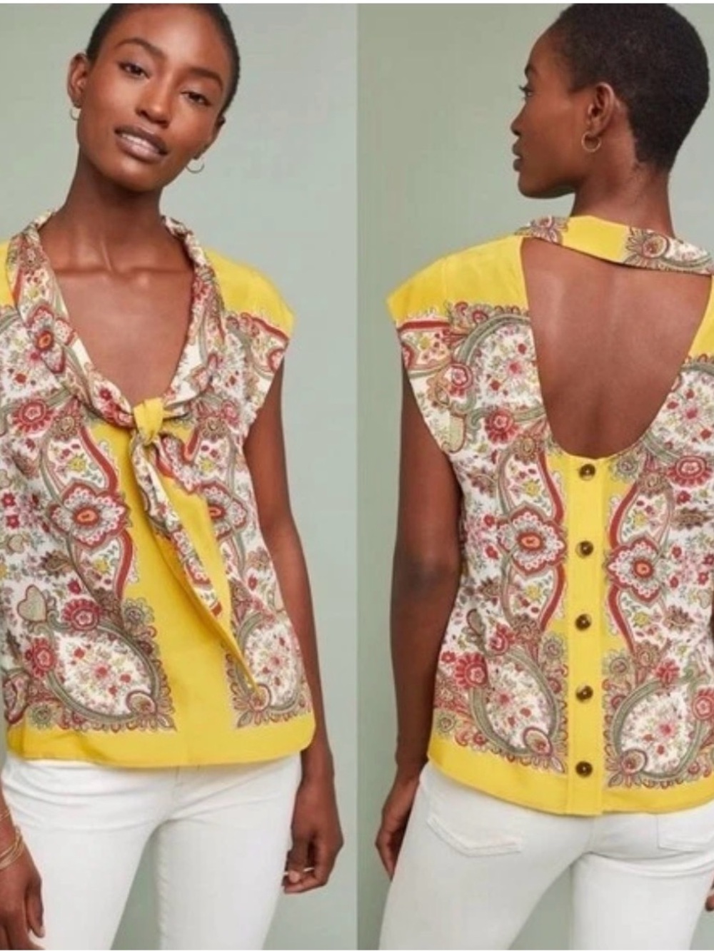 100% Silk | Anthropologie | Women's Yellow Paisley Tie-Neck Cap Sleeve Top